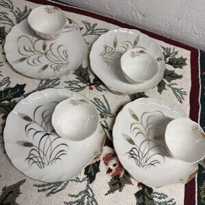 Vtg Lefton China Wheat Shell Snack Plate And Cup Tea Set 8 Pieces Gold Cottage